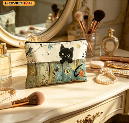 1 Homefish Vibrant Black Cat Floral Zipper Cosmetic Bag