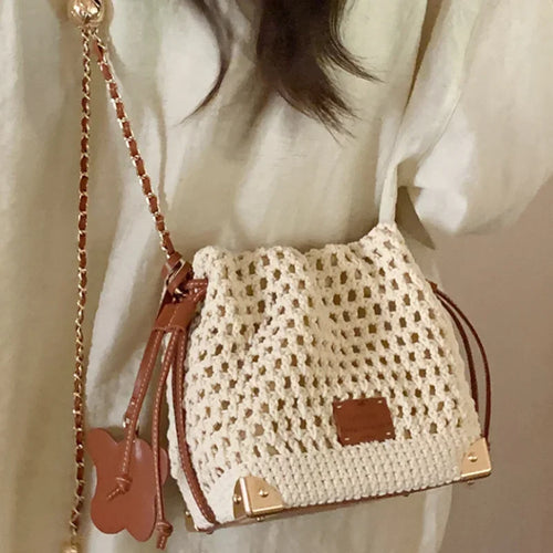 Knit Crochet Bucket Crossbody Bag with Gold Chain Strap & Charm