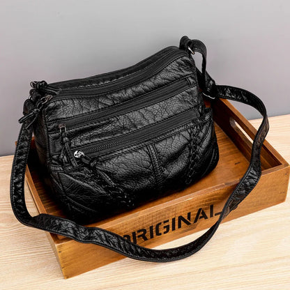 Multi-Zipper Leather Crossbody Shoulder Bag with Inner Pockets