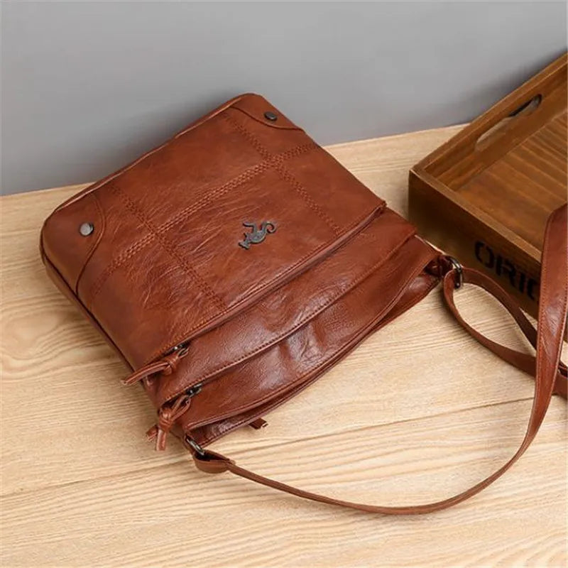 Soft Washed Leather Crossbody Bag – Retro Multi-Pocket Shoulder Messenger