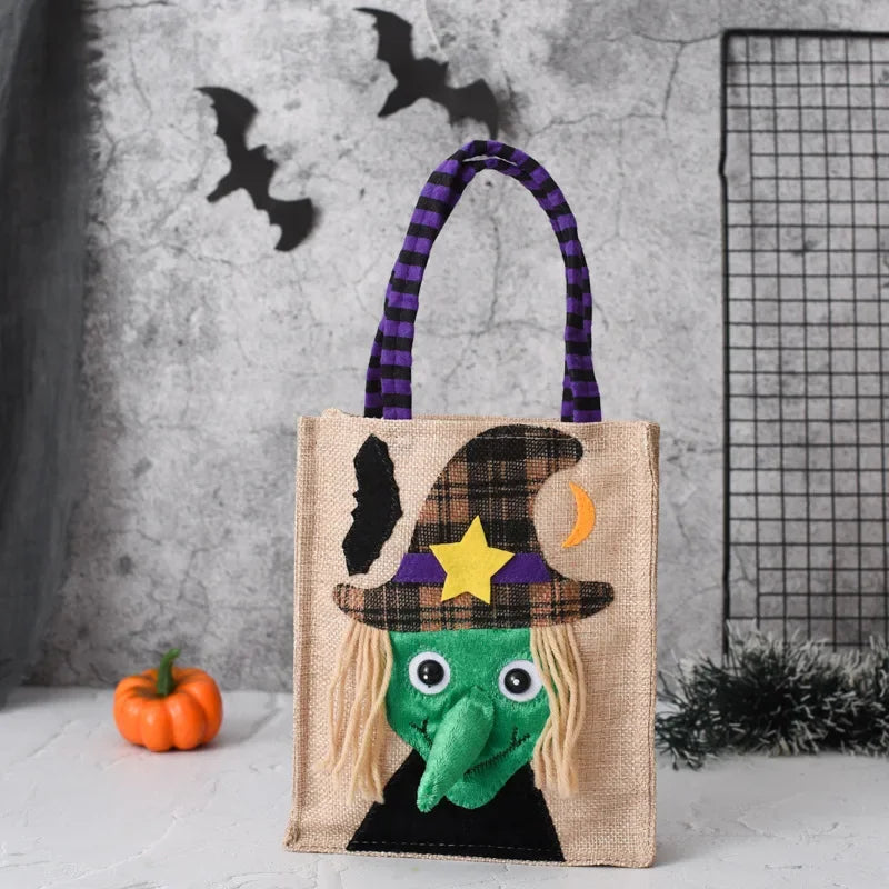 Halloween Linen Tote Bag – Trick or Treat Candy Bag with Fun Graphics