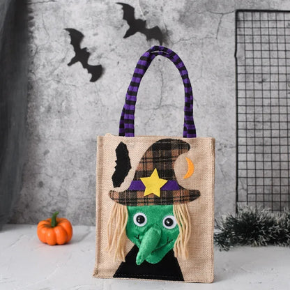Halloween Linen Tote Bag – Trick or Treat Candy Bag with Fun Graphics