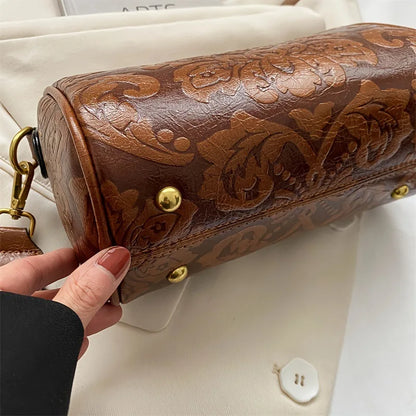 Retro Embossed Flower Leather Shoulder Bag Classic Cylinder Crossbody Bag Women Daily Use Party Work