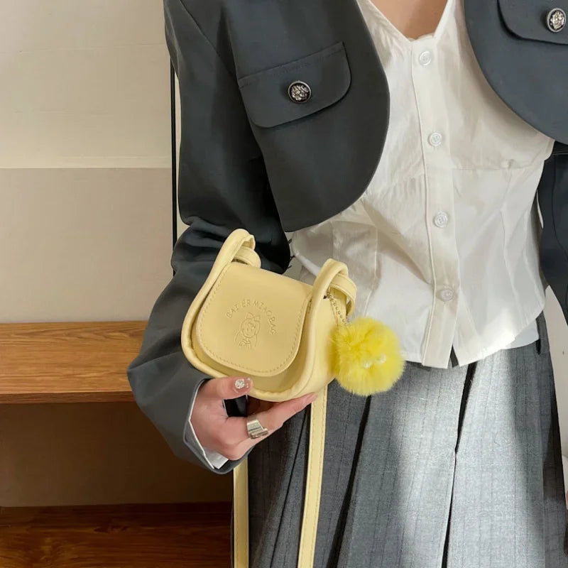Mini PU Leather Shoulder Bag with Pompom Charm & Adjustable Strap