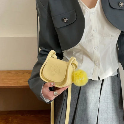 Mini PU Leather Shoulder Bag with Pompom Charm & Adjustable Strap