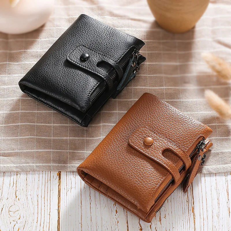 Ladies Short Wallet Soft Leather Top Layer Cowhide Anti-Theft Brush - Soft
