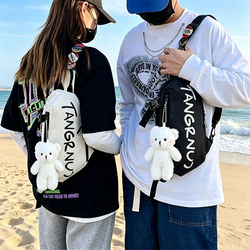 Crossbody Sling Chest Bag with Badge & Bear Pendant – Unisex