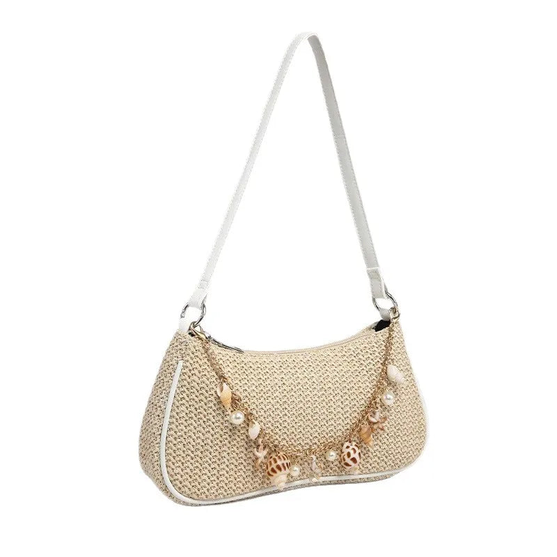 Straw Shoulder Bag with Ocean Shell & Starfish Charms