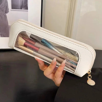 Pu Pencil Case Portable Waterproof Transparent Cosmetic Bag Zipper Makeup Brush Storage Sundries