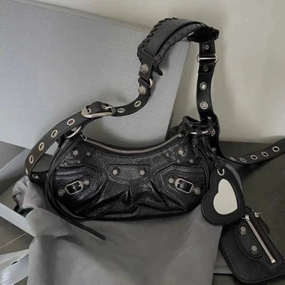 Motorcycle Bag Underarm Rivet Tassel Three-In-One Crescent Folded Cowhide Single Shoulder Slant