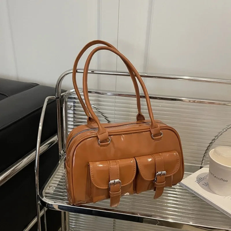 Patent Leather Tote Bag for Women – Retro Buckle Shoulder Handbag