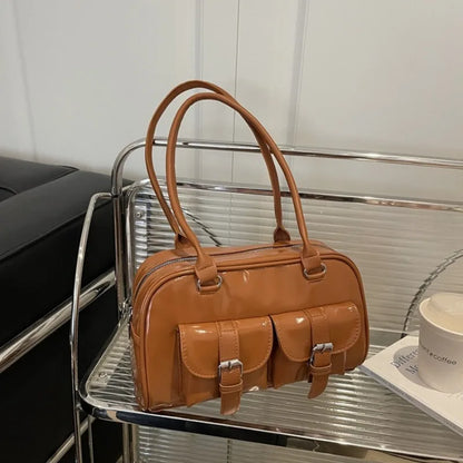 Patent Leather Tote Bag for Women – Retro Buckle Shoulder Handbag