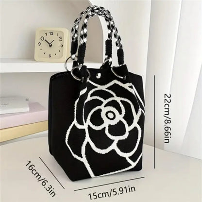 Knitted Tote Bag with Camellia Flower - Large Capacity Weave Handbag