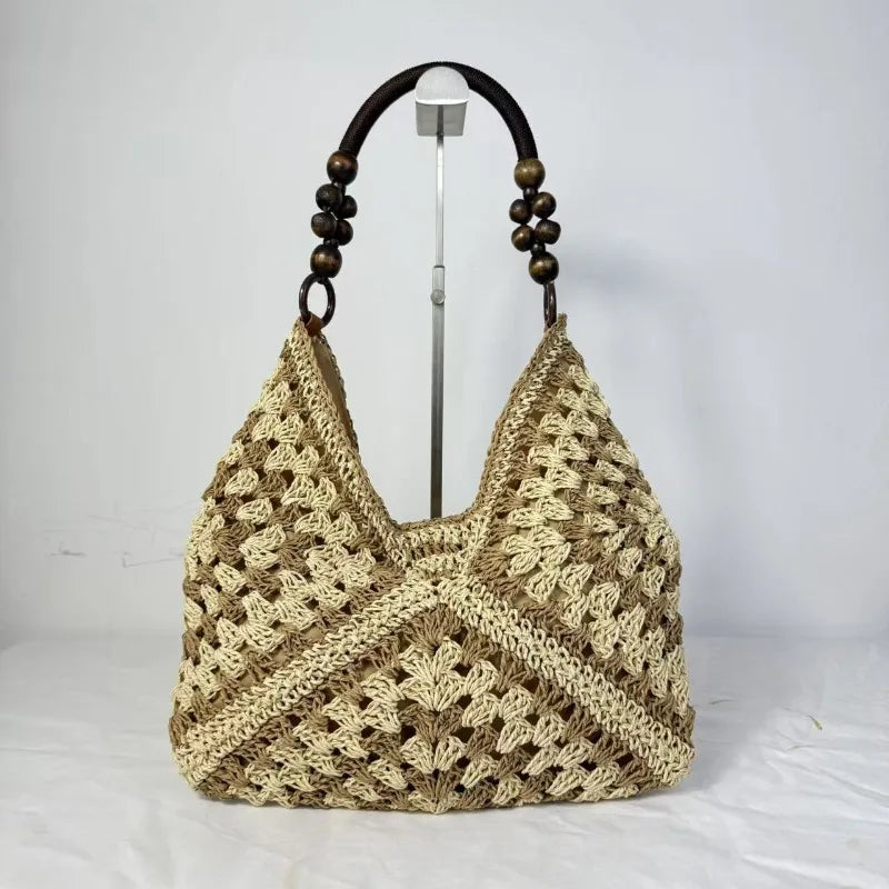 Boho Crochet Woven Tote Bag with Wooden Bead Handle