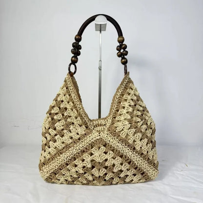 Boho Crochet Woven Tote Bag with Wooden Bead Handle