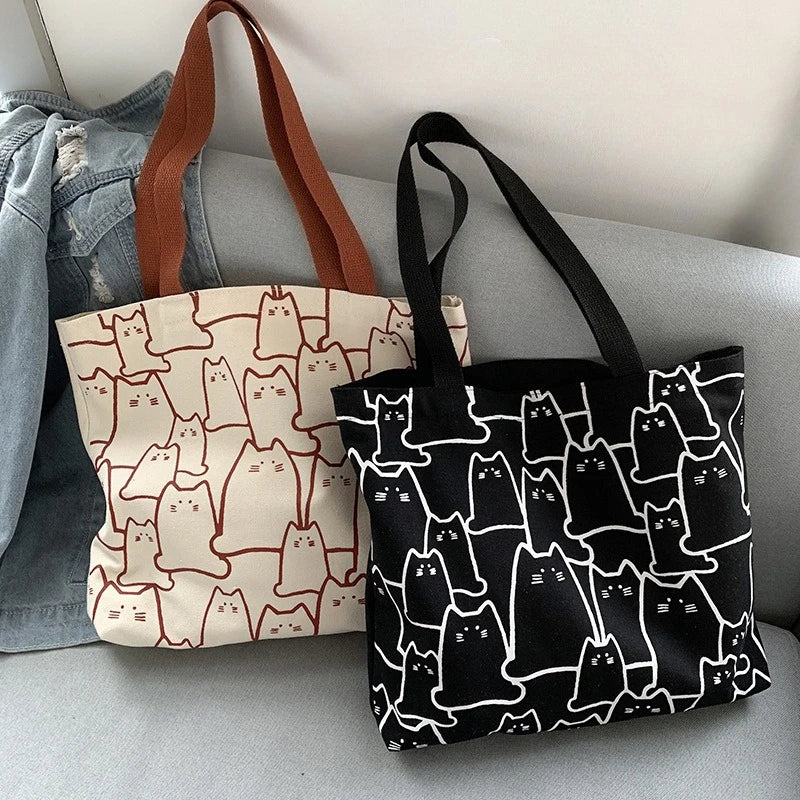 Canvas Cat Print Tote Bag – Large Cute Shoulder Bag for School
