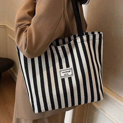 Striped Canvas Tote Bag – Large Capacity Shoulder Bag for Women