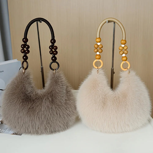 Fluffy Faux Fur Tote Bag with Wooden Bead Handle