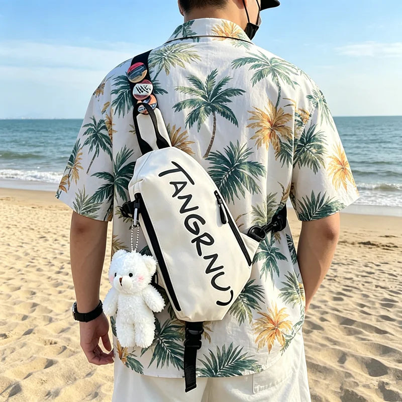 Crossbody Sling Chest Bag with Badge & Bear Pendant – Unisex