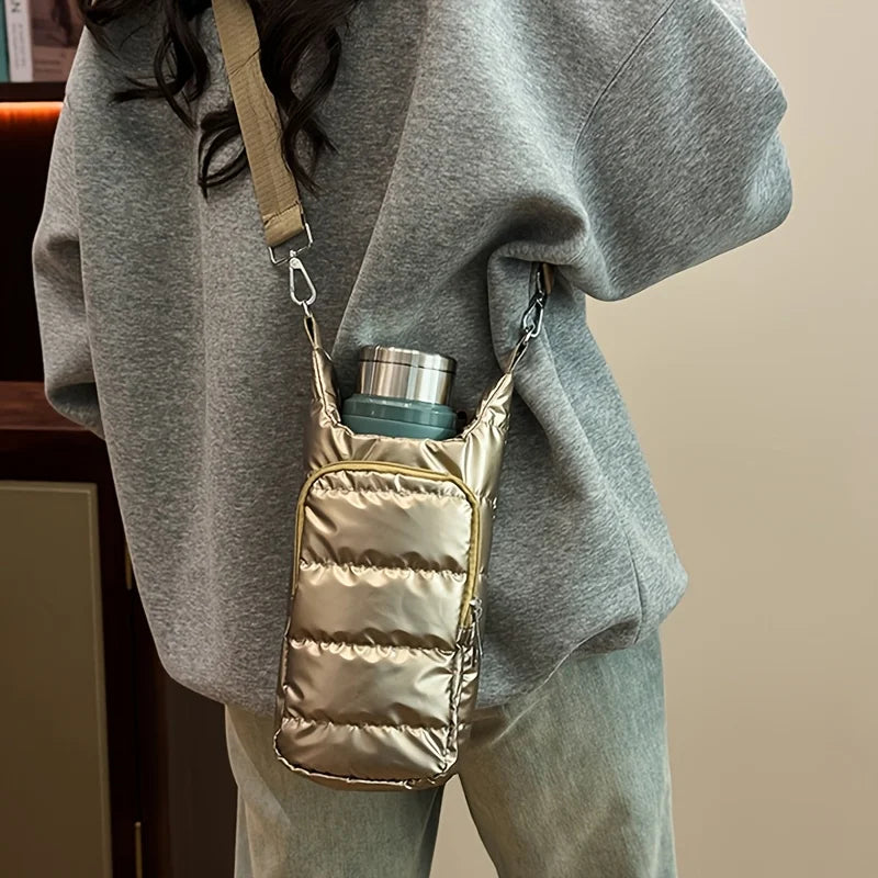Water Bottle Carrier Crossbody Bag – Puffer Sling Holder with Pocket