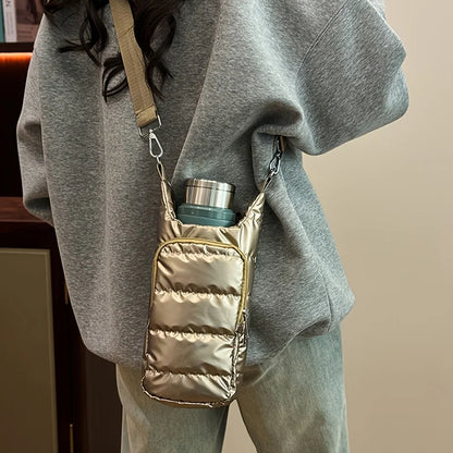 Water Bottle Carrier Crossbody Bag – Puffer Sling Holder with Pocket