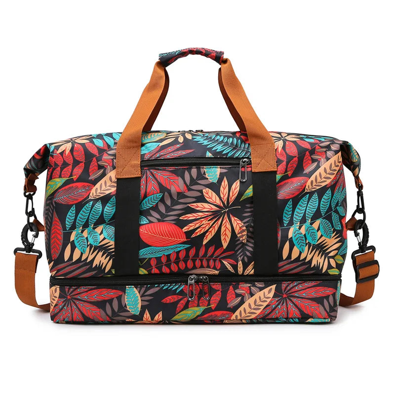 Leaf Print Travel Duffel Bag with Shoe Compartment