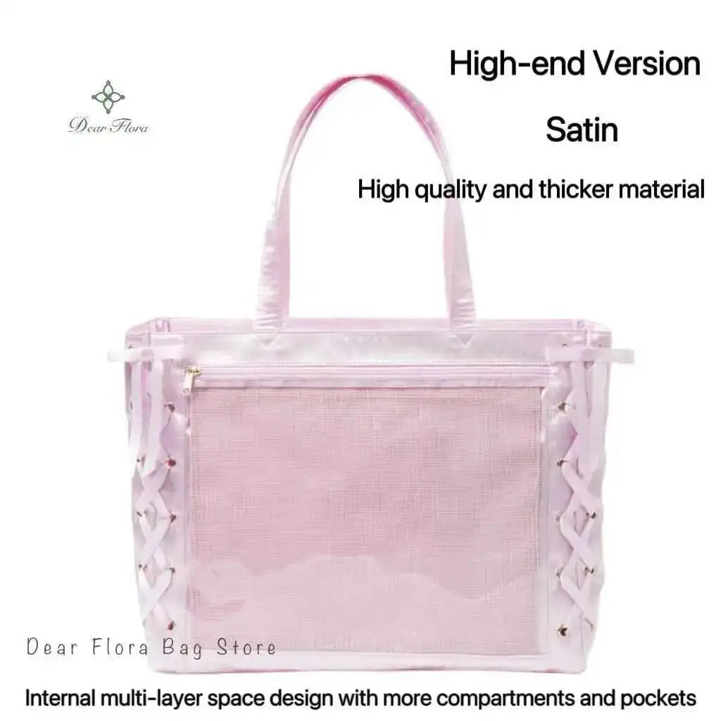 Japanese Sweet Women Ribbon Ita Bag Cute Lolita Girl Transparent Handbags Large Capacity Tote