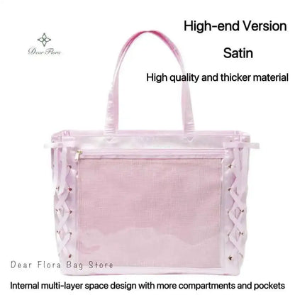 Japanese Sweet Women Ribbon Ita Bag Cute Lolita Girl Transparent Handbags Large Capacity Tote