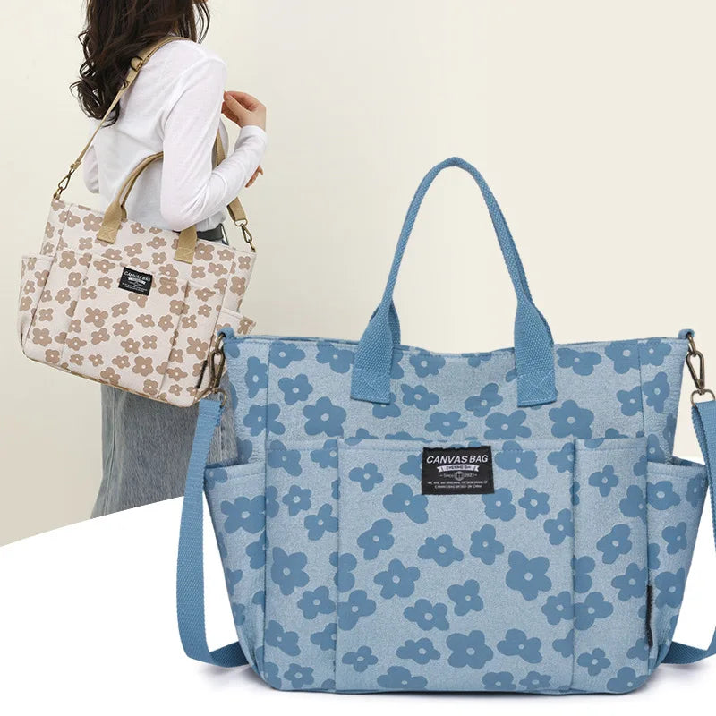 Floral Canvas Tote Bag with Multi-Pocket & Crossbody Strap