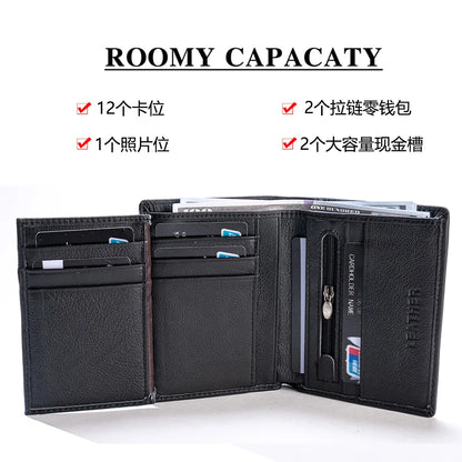 Men S Genuine Leather Wallet Top Layer Cowhide Rfid Anti-Theft Swiping Three-Fold Credit Card Wallet