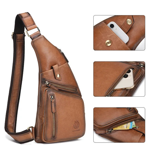 Leather Cross-Body Chest Bag Men Retro Senior Head Layer Cowhard Large Capacity Front Satchel