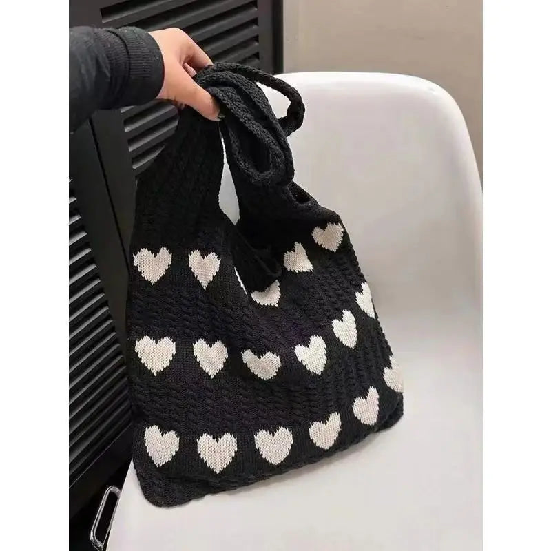 Knitted Heart Tote Bag – Women's Handmade Shoulder Bag