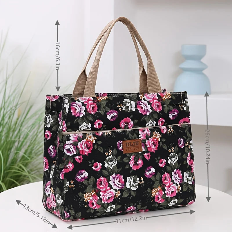 Floral Print Tote Bag Portable Canvas Lunch Bag Women S Casual Handbag Picnic Travel Designer Bags