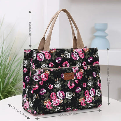 Floral Print Tote Bag Portable Canvas Lunch Bag Women S Casual Handbag Picnic Travel Designer Bags