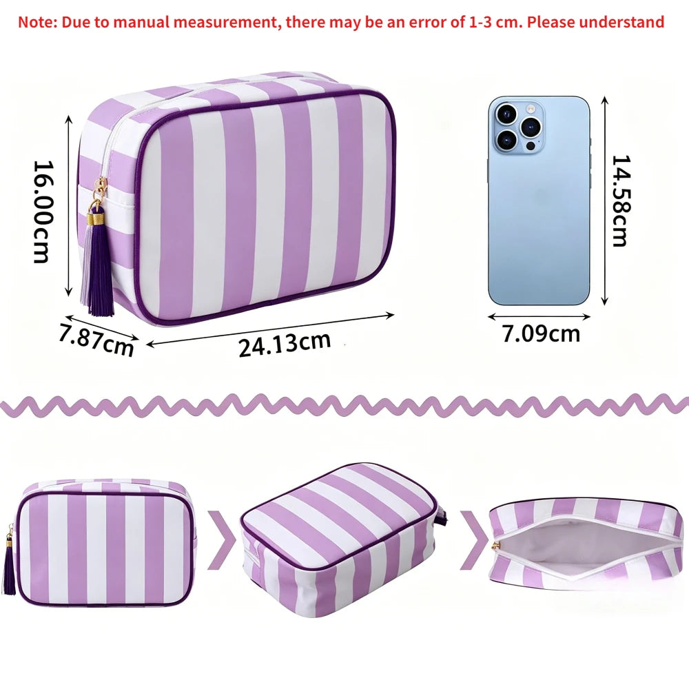 Large Striped Portable Cosmetic Bag Women Tassel Zipper Makeup Capacity Pouch Bags Casual Tote