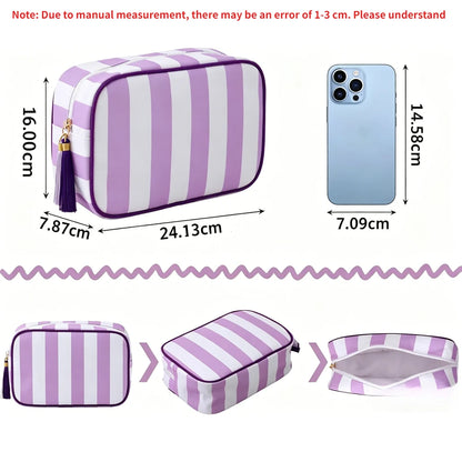 Large Striped Portable Cosmetic Bag Women Tassel Zipper Makeup Capacity Pouch Bags Casual Tote