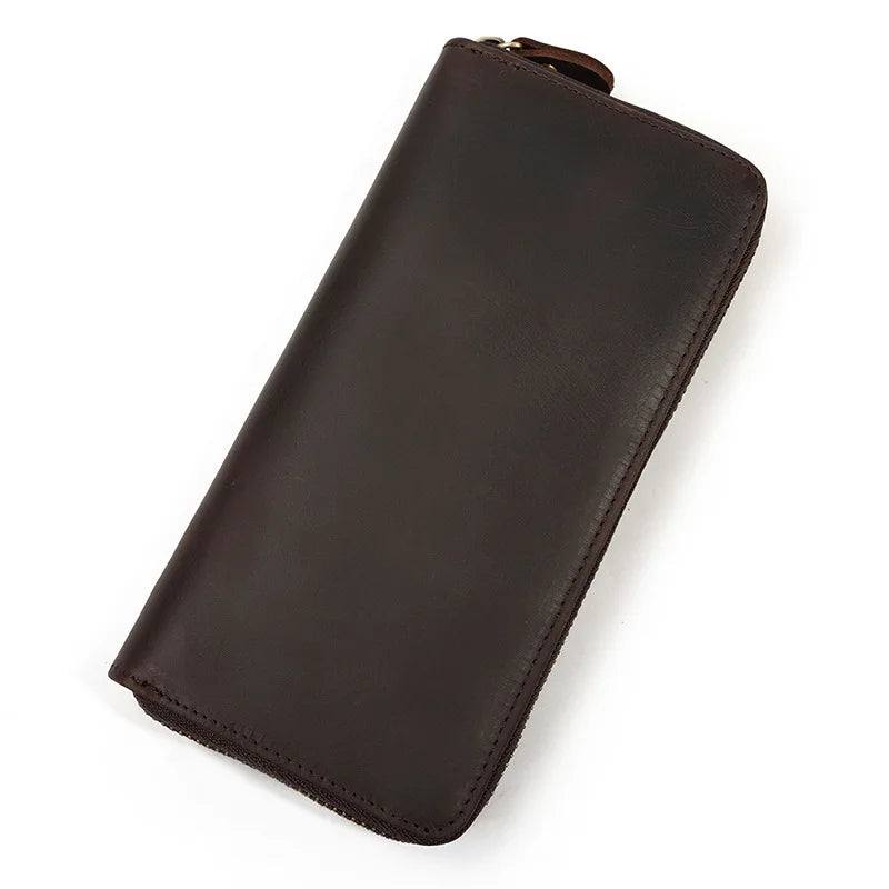 Crazy Horse Leather Long Wallet Retro Embossed Zipper Handbag Multi-Card Mobile Phone Change Storage