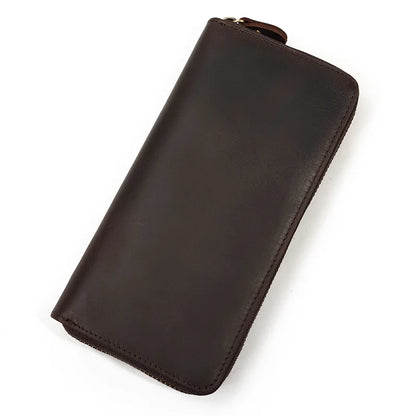Crazy Horse Leather Long Wallet Retro Embossed Zipper Handbag Multi-Card Mobile Phone Change Storage