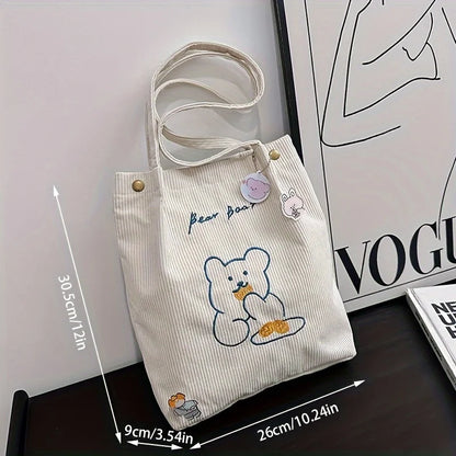 Women's Corduroy Tote Bag Cute Bear Embroidery Shoulder Bag