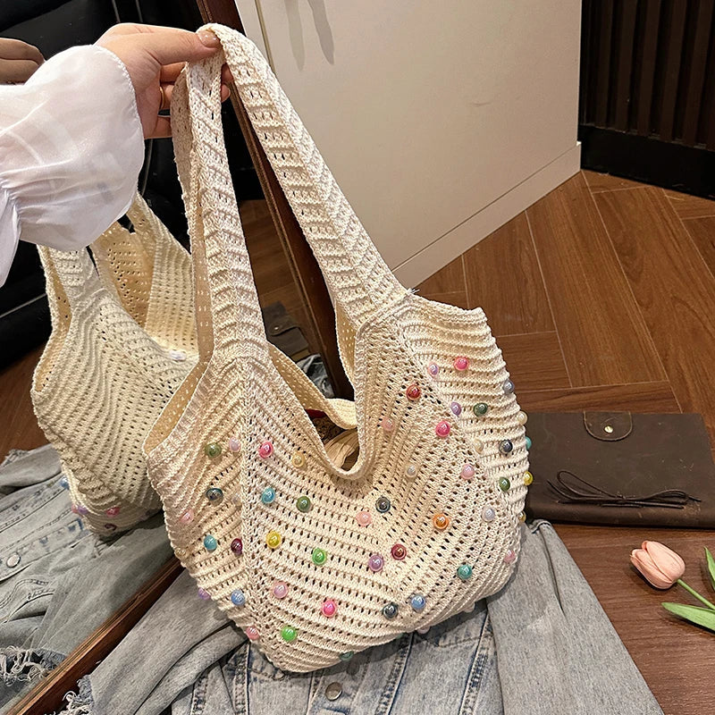 Beach Knitted Openwork Women Shoulder Bag Colorful Pearl Tote Soft Material Large Capacity Versatile