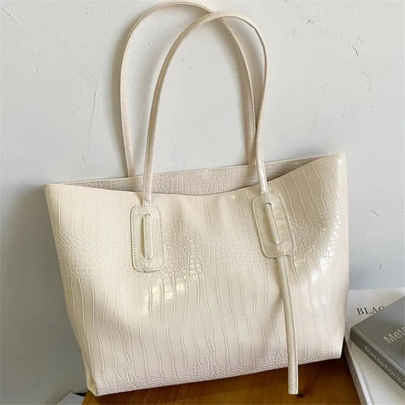 Large Capacity Tote Bag for Women – Croc-Embossed Shoulder Handbag