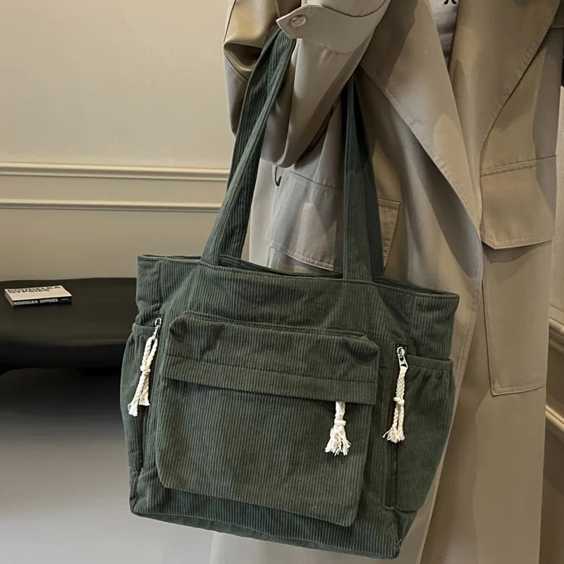 Corduroy Tote Bag Multiple Pockets Casual Chic Handbag Women Shoulder Bags Woman Perfect Shopping