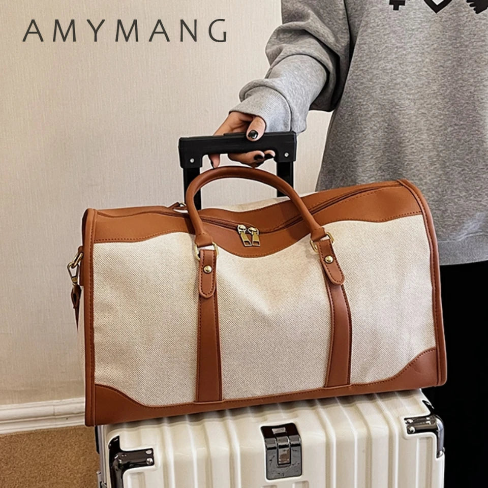 Large Travel Duffle Bag for Women – Vintage Canvas & PU Leather Weekender