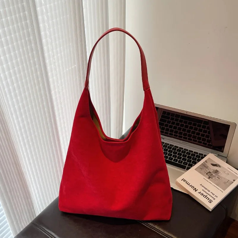 Faux Suede Tote Bag with Makeup Pouch – Large Capacity Women's Shoulder Bag