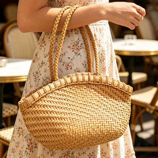 Woven Basket Bag – Women's Handcrafted Leather Handle Tote