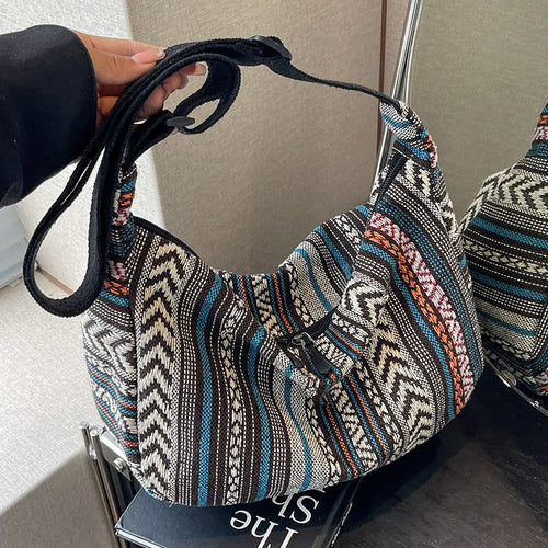 Boho Ethnic Canvas Crossbody Bag for Women – Casual Shoulder Purse