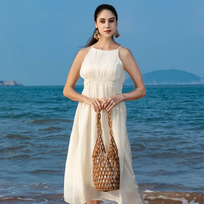Handmade Woven Beaded Bucket Bag Contrast Color Mesh Shoulder Tote Casual Beach Vacation Handbag