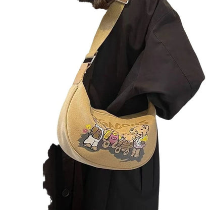 Crossbody Bag Girls Trendy Cartoon Teddy Bear Saddle Bag Large Capacity Fashionable Canvas Dumpling