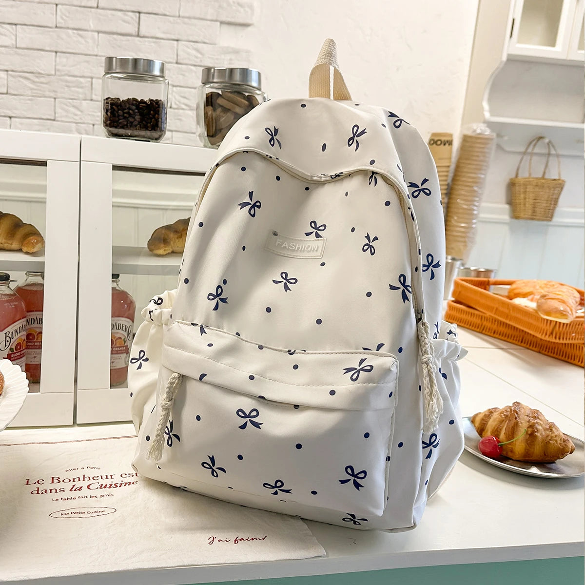 Women S Backpack - Bow Dot Print Nylon School Bag Adjustable Straps Multiple Compartments College