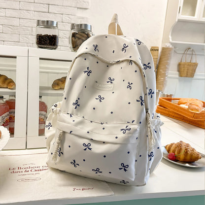 Women S Backpack - Bow Dot Print Nylon School Bag Adjustable Straps Multiple Compartments College
